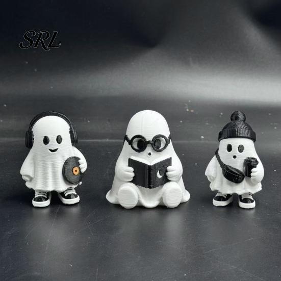 Cute Ghost Decor Halloween Figurine, Holding Coffee/Book/Record Resin Statue, Trendy Interior Soft Furnishings Spooky Tabletop Ornament for