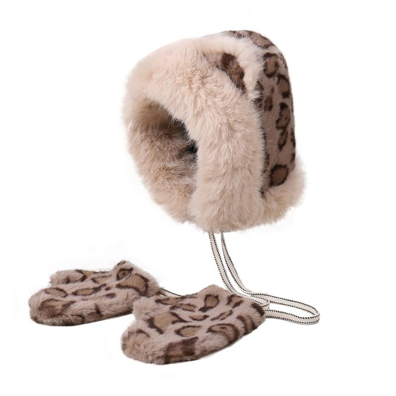 Soft Plush Leopard Earflap Hat Winter Fashionable Hat Comfortable Hairy Earflap OS