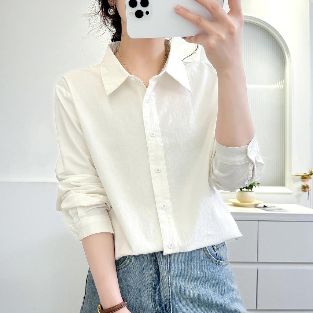 Women's Candy Color Long Sleeve Cotton Shirt - Minimalist, Versatile, and Slimming Design