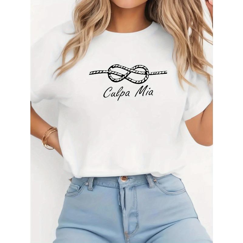 

Classic Knot Letter Print T-shirt, Short Sleeve Crew Neck Casual Top for Summer & Spring, Women s Clothing S белый