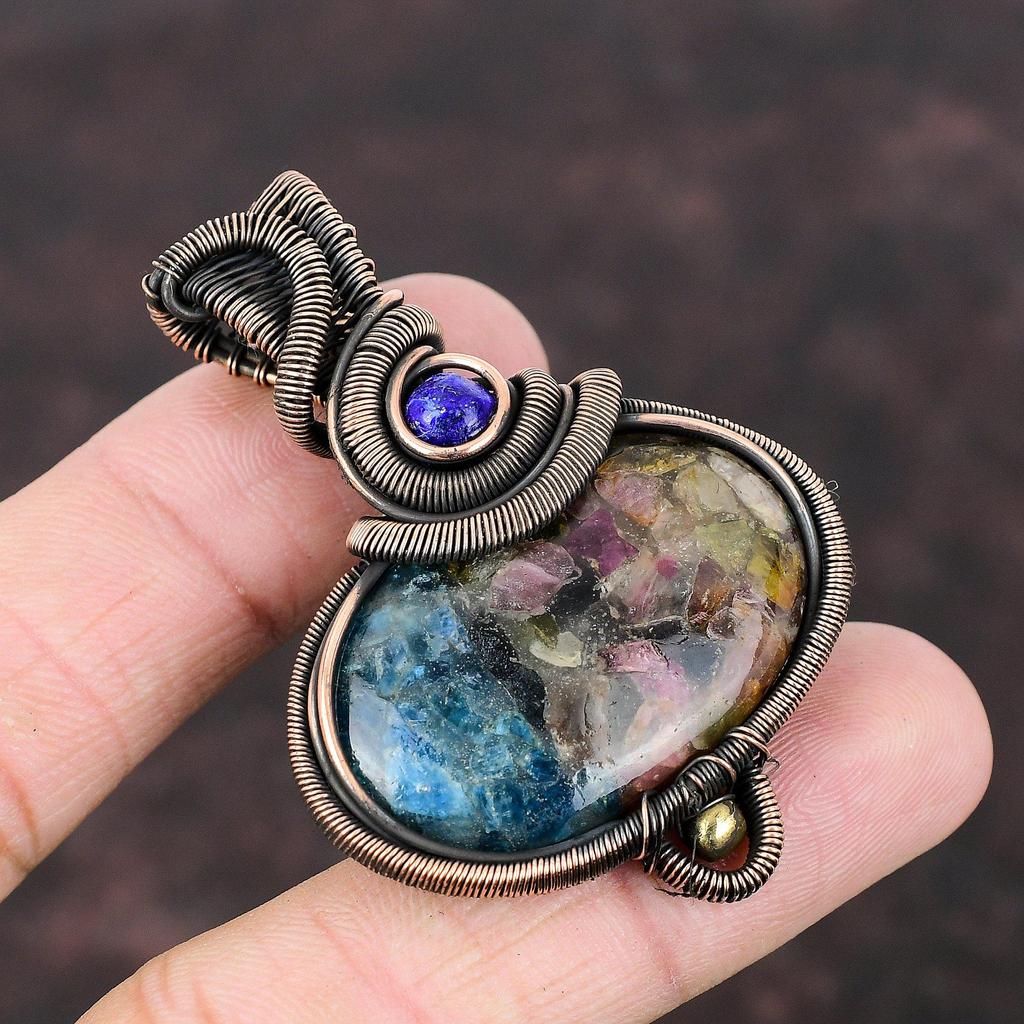 Copper Watermelon Tourmaline Pendant Copper Wire Wrapped Pendant Lapis Lazuli Pendant Gemstone Copper Jewelry Gift For Mom Handmade Pendant
