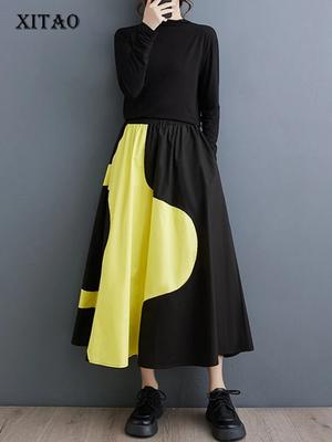 Unregelmäßiger Kontrastfarben-Patchwork-Rock, locker, lässig, für Damen, DMJ3848