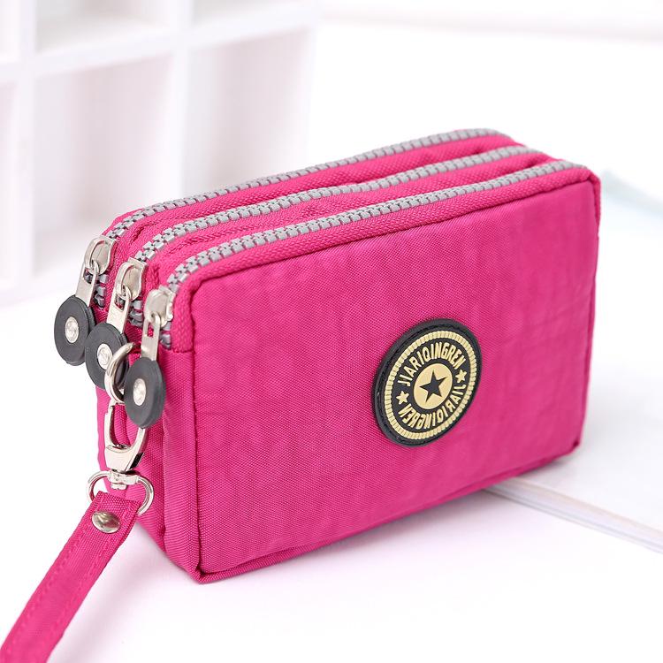 Nova Bolsa De Moedas Feminina Pequena Carteira Arruela Enrugamento Tecido Telefone Bolsa Três Zíperes Portátil Compõem Saco