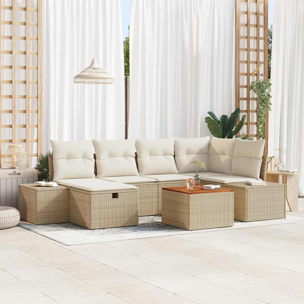 7 Piece Beige Garden Sofa Set with Cushions and Storage