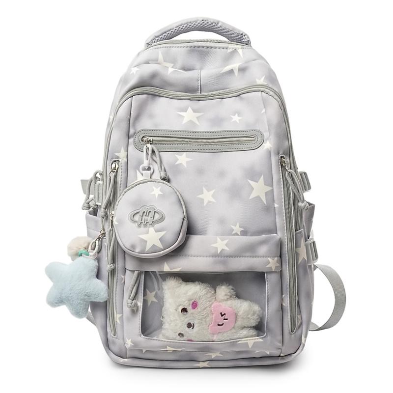 

Cute Star Print Nylon Backpack for Girls – Fashionable School Bag with Transparent Front Pocket and Multiple Compartments сірий