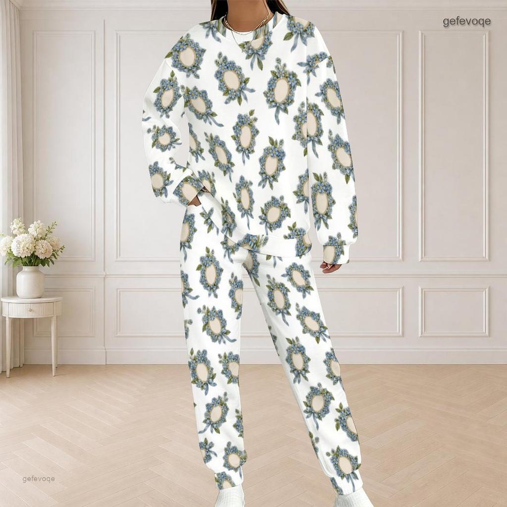 Women Plus Size Floral Printed Round Neck Long Sleeve Top And Long Pants Set