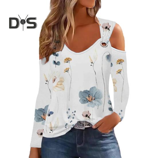 

Женская рубашка с v-образным вырезом и цветочным полосатым принтом, металлический обруч, свободный повседневный пуловер с длинными рукавами, женский весенне-осенний топ, блузка S белый/синий