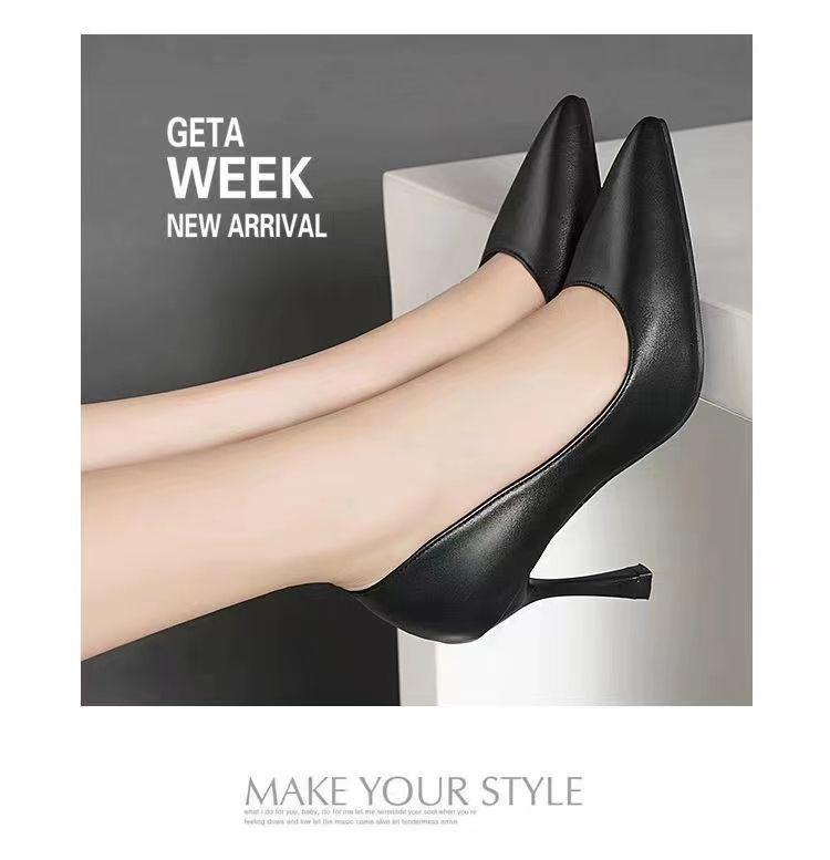 Comfortable Four-Season Leather Stiletto and Block Heel Stewardess Work Shoes for Women