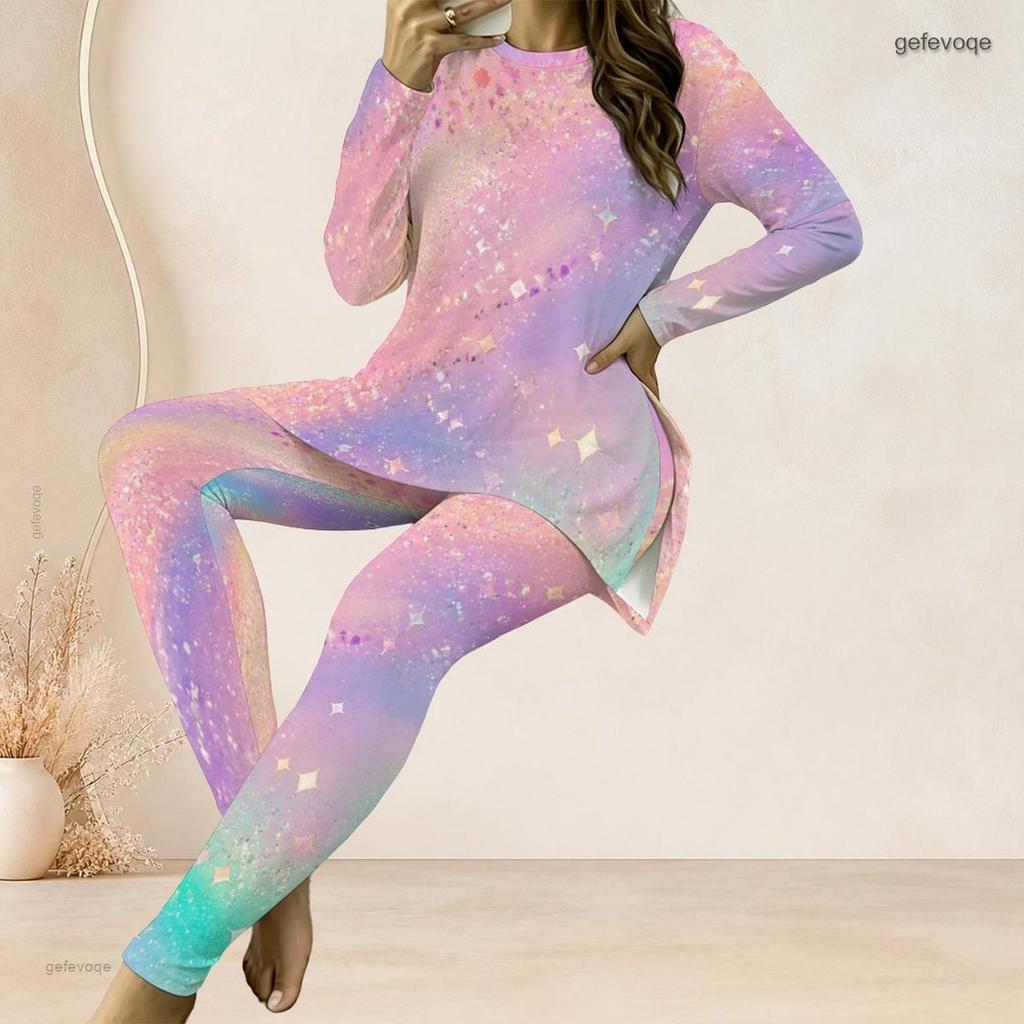Women Plus Size Two Piece Set Round Neck Long Sleeve Colorful Printed Longline Top Fitted Pants