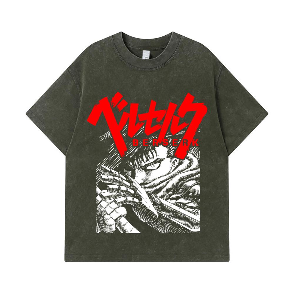 

275 GSM Washed T-shirts 100% Cotton Berserk V13 Print Unisex Heavy Cotton T Shirt S армия зеленый