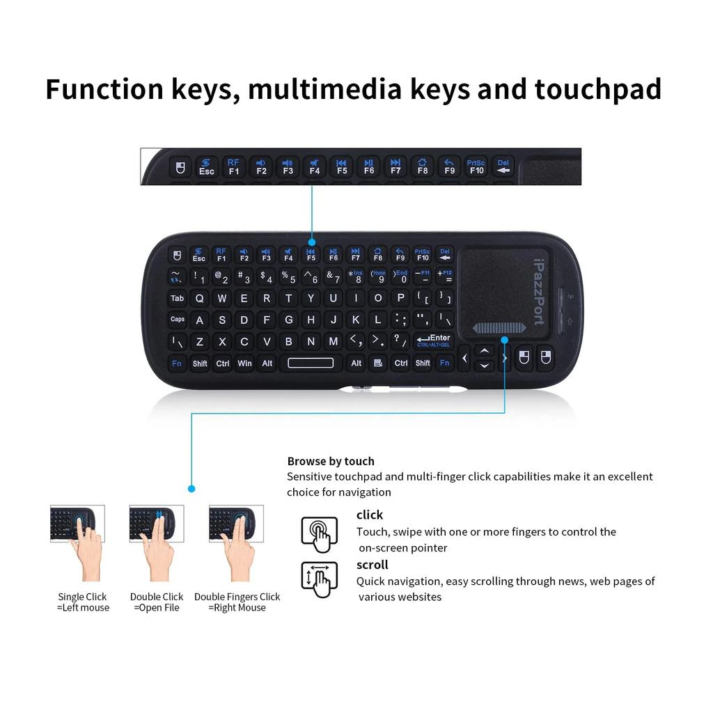 IPazzPort Mini Bluetooth & 2.4GHz Wireless Keyboard with Touchpad Mouse Combo for Android TV Box/PC/Tablet/PS4/Raspberry Pi 3/HT