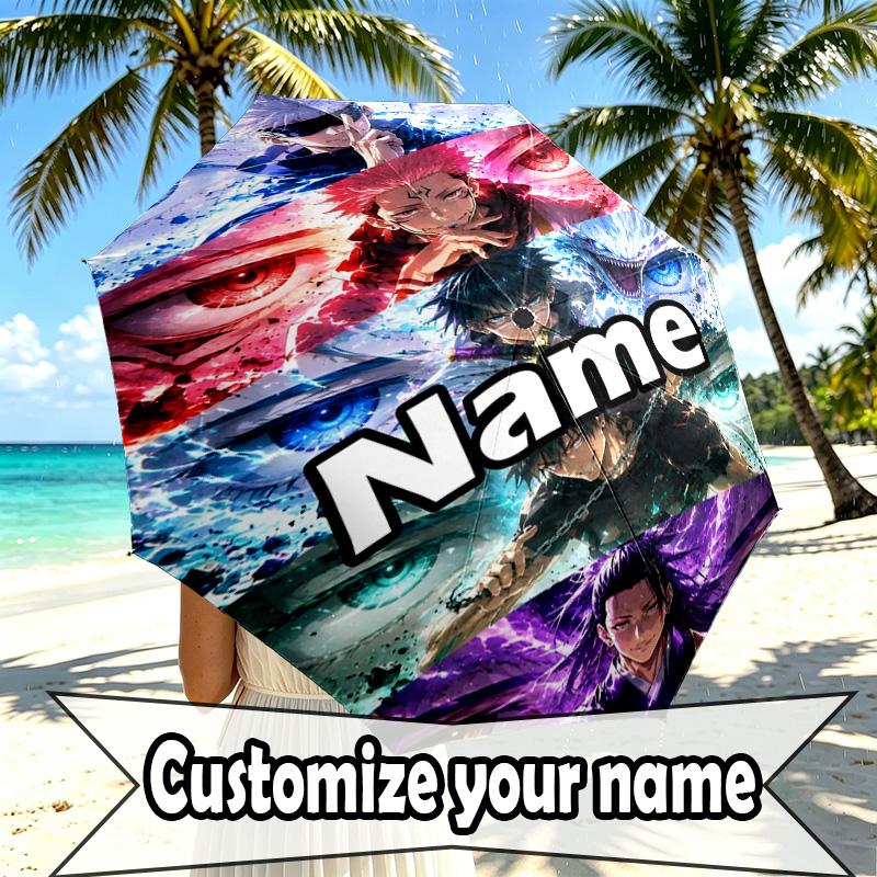 Custom Name Personalized Jujutsu Kaisen Print Umbrella, Auto Open Close, 8‑Rib Sturdy Frame, Commute Camping Hiking Use, Birthday Gift