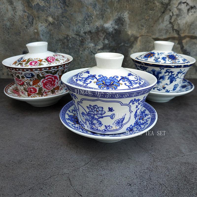 180ml Ceramic Covered Bowl Chinese Blue and White Tea Bowl Home Kung Fu Tea Set Drinking Utensils Tea Cup with Lid Teaware