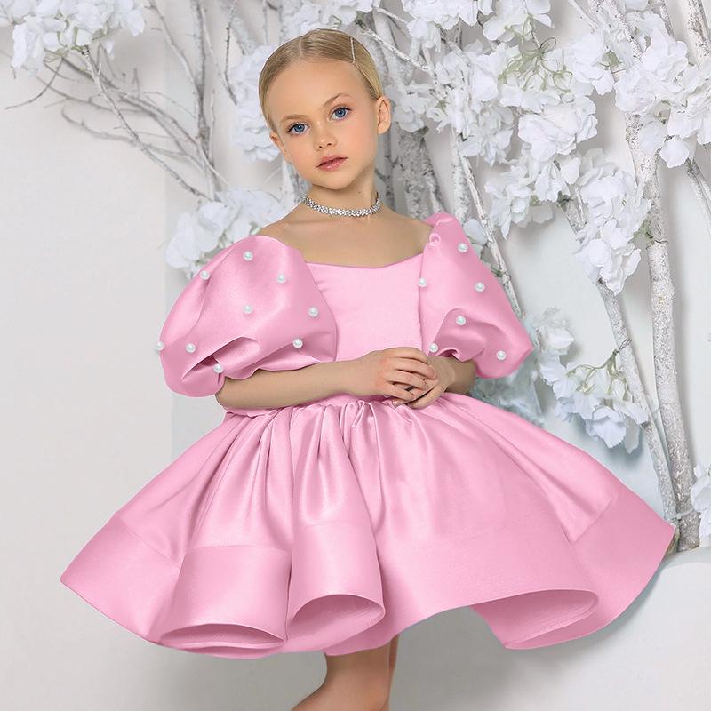 

Cheap Children s Fashion Show Evening Gown, White Fluffy Silk Princess Dress, Small Host Performance Costume 140cm фламінго рожевого кольору