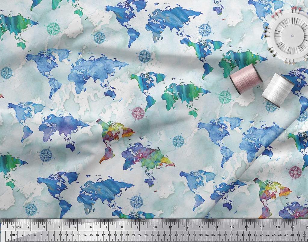 Soimoi White Japan Crepe Satin Fabric Direction Compass & World Map Print Fabric by the Metre 42 Inch