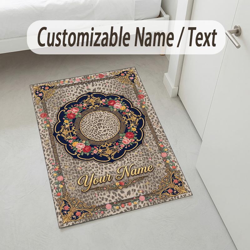 Leopard Floral Theme Soft Crystal Velvet Rug Custom Name & Text Print Non Slip Floor Rug for Bedroom Living Room
