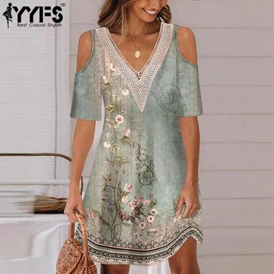 Women's Fashion Summer Spring Flower Pattern Print 1/2 Sleeves V-Neck Loose Waistline Casual Dresses