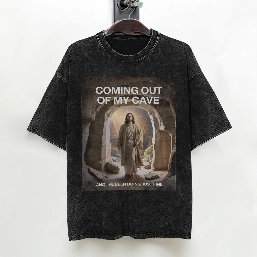 Jesus Coming Out Of My Cave Washed T Shirt Streetwear Hip Hop Casual Tshirt Tee Shirt Men Women 100 Cotton Oversize Summer