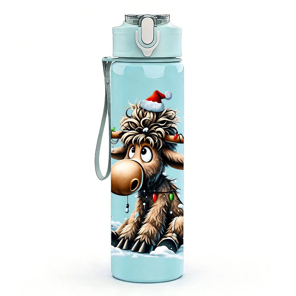 1PC Christmas Moose Cartoon 750ml Color Plastic Sports Water Bottle Leakproof Flip Straw Lid Suitable for Sports Office Home Use