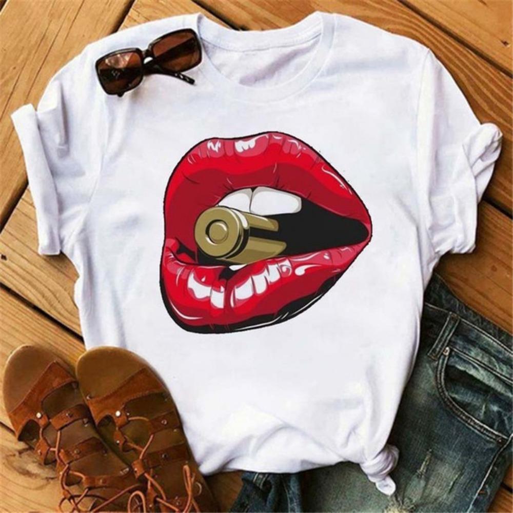 Fashion Lips Print Women T Shirt Casual Short Sleeve O Neck Loose Women Tshirt Ladies Tee Shirt Tops Clothes Camisetas Mujer