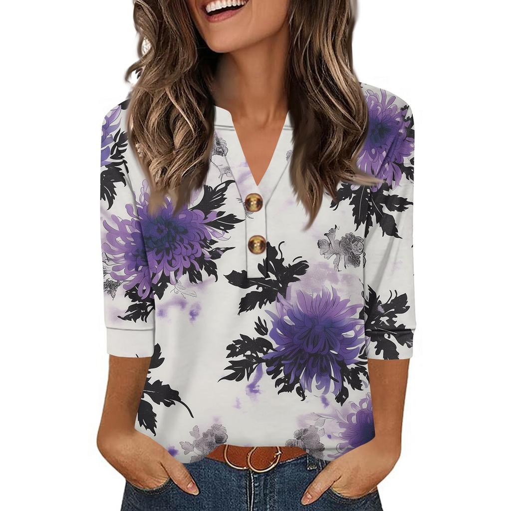 Ladies' Fashionable Casual Retro Floral Print Three-quarter Sleeve Loose V-neck Button Shirt
