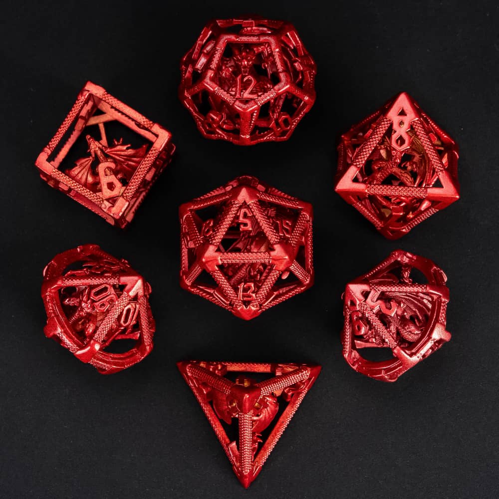 Cusdie Dračí duté kovové DND kostky 7 ks D4-D20 Polyedrická sada kostek se železnou krabičkou pro RPG hru Pathfinder Stolní hry
