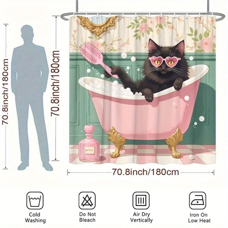 Shower curtain - Cat in bathtub, with sunglasses hanging on the wall, used for living room and bedroom decoration