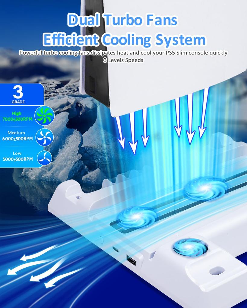 2024 New PS5 Vertical with Cooling Adjustable Fan Controller Charging Charging Two Controllers RGB USB Charging PS5 Accessories Slim/PS5 Stand, Stand,