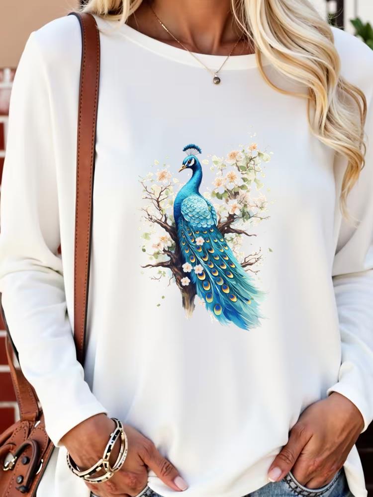 (Asian Size) Lovely Trend Flower  Long Sleeve T Shirt Tee Lady Printed O-neck Women Female Clothing Casual Fashion Top Graphic T-shirts