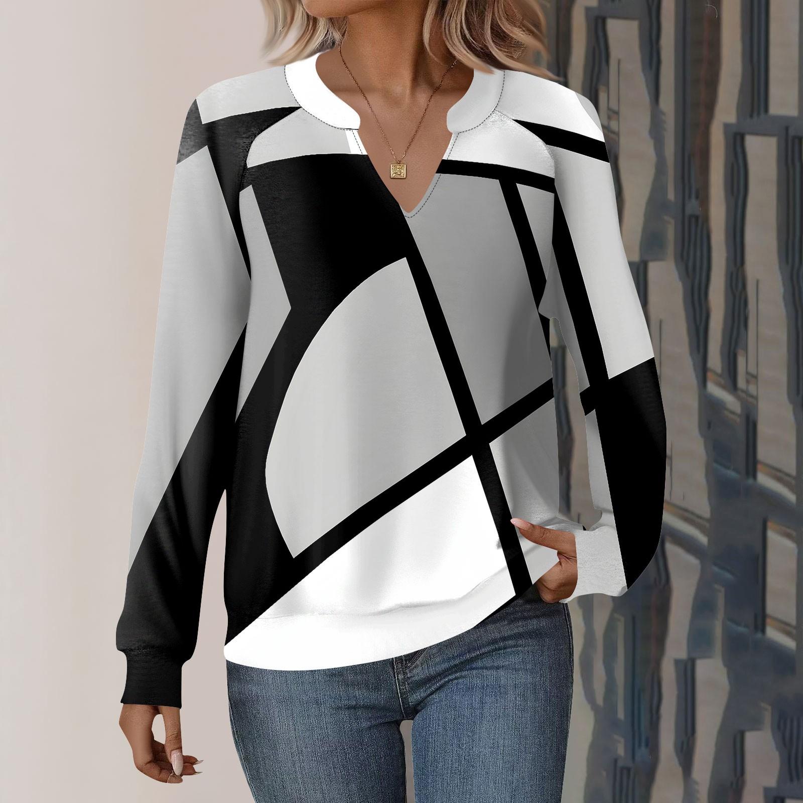 

Женская повседневная толстовка с длинным рукавом и V-образным вырезом, свободный пуловер с геометрическим принтом в стиле пэчворк XL