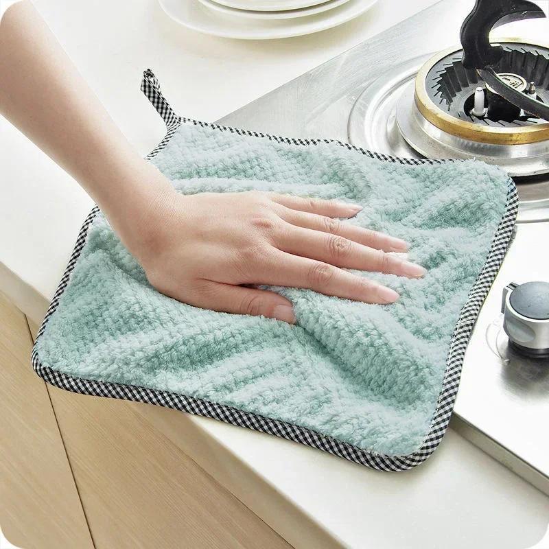 Double-sided Soft Skin-friendly Coral Fleece Towel Quick Drying Super Absorbent Hanging Kitchen Dishwashing Cleaning Cloth Tools