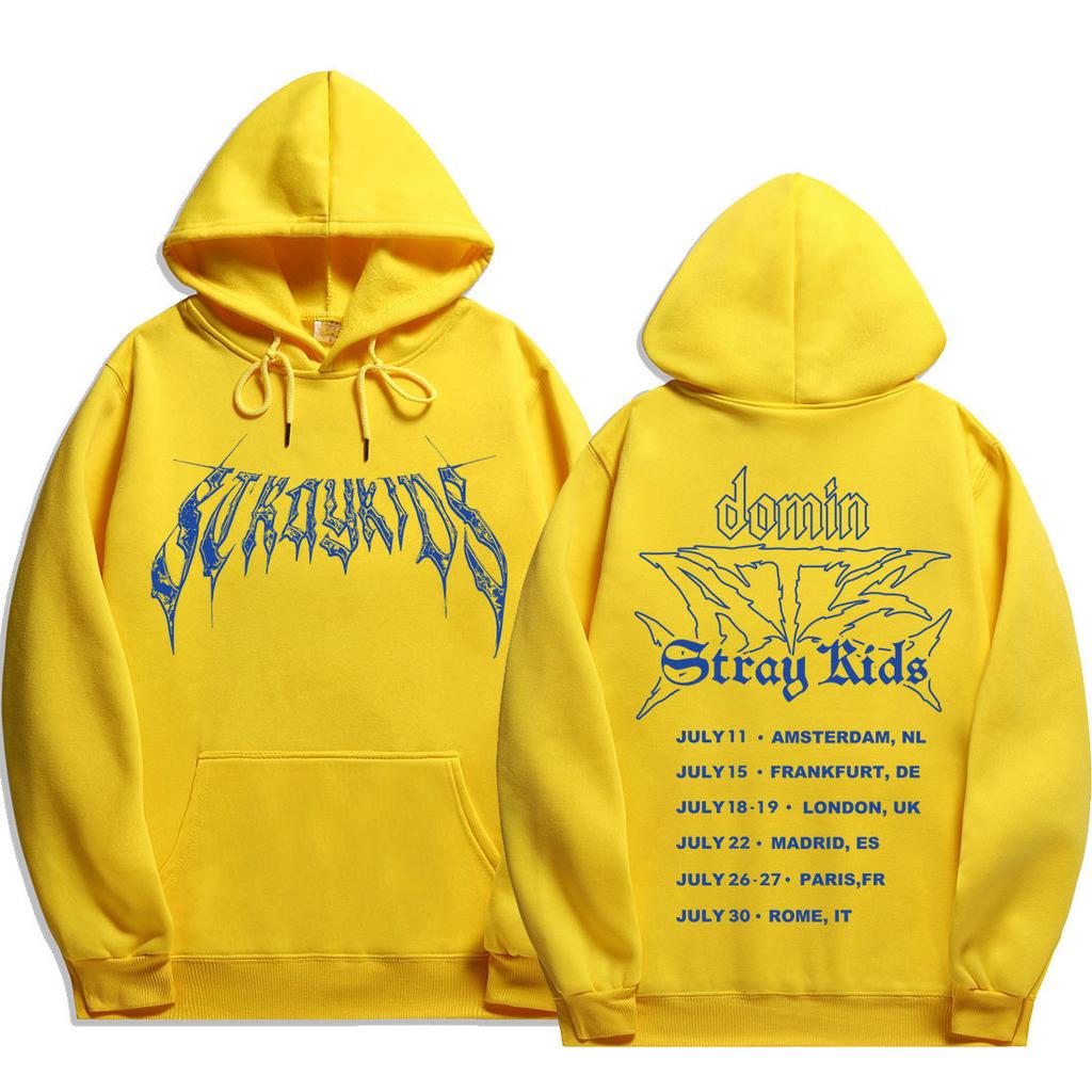 Stray Kids dominATE Europe Tour Blue Death Hoodie, Front Gothic Stray Kids Lettering Wing Graphic Full European Date List Oversized K‑Pop Fan Pullover