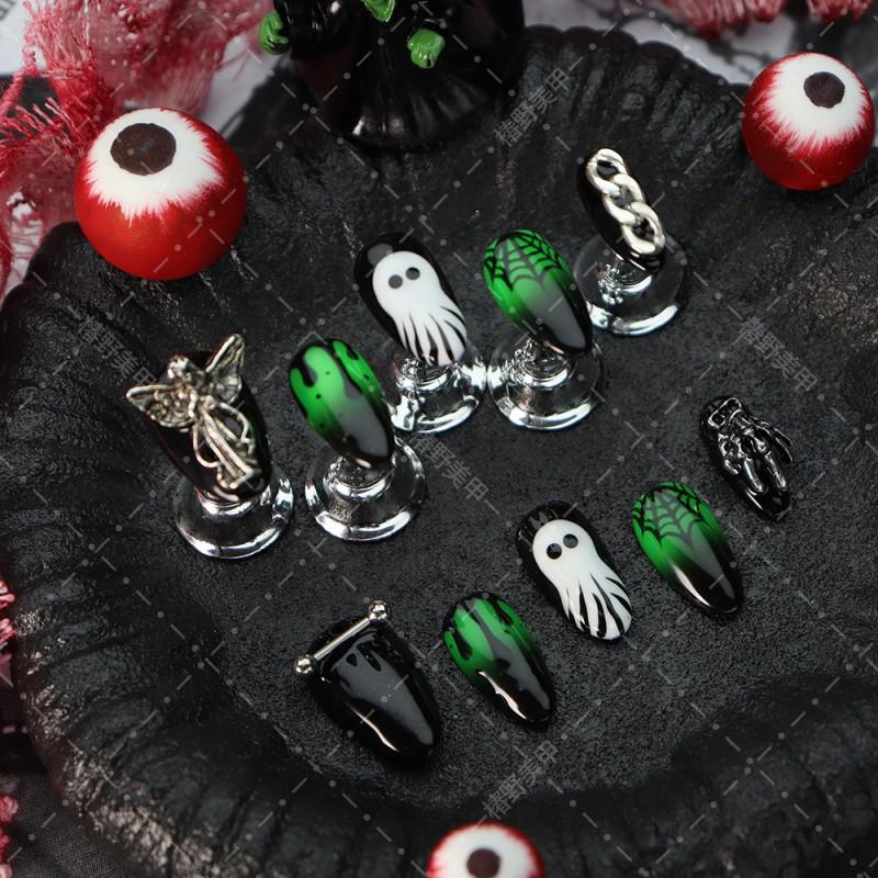 Press-On Nails Women - Gothic Dark Green Ghost Spider Web Design Short Almond Shape Handmade Fake L Includes 3-piece set: press-on nails tools