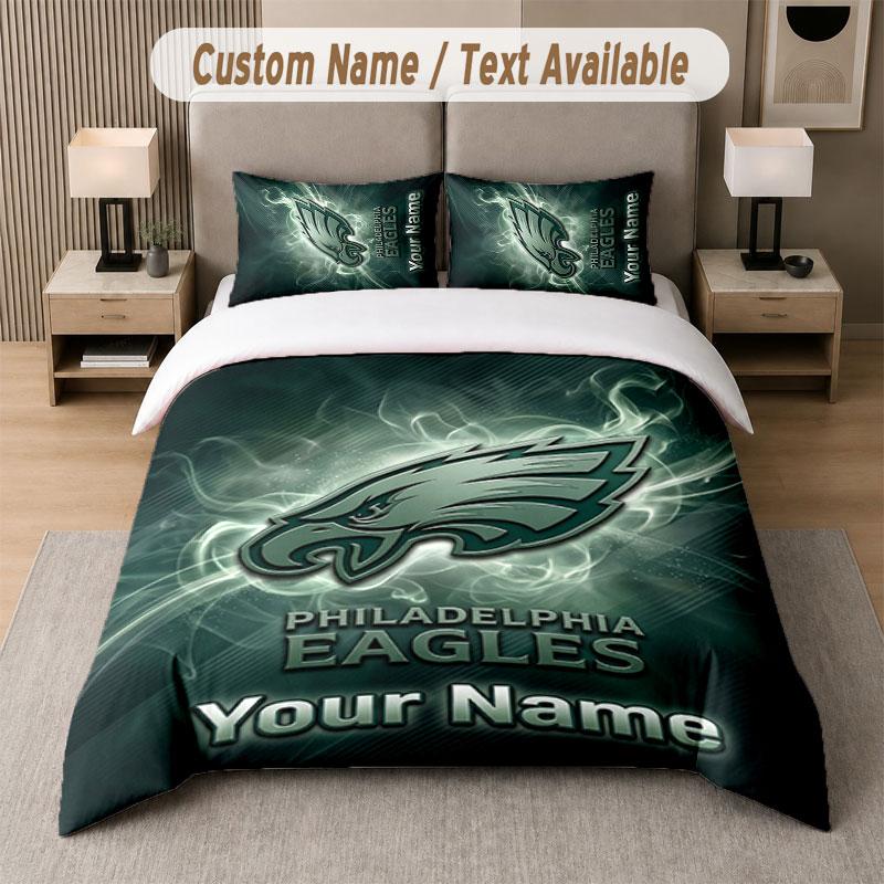 Custom Bedding Set Philadelphia Eagles Pattern, Print Name Text 1 Duvet Cover Plus 2 Pillowcases Home Textile