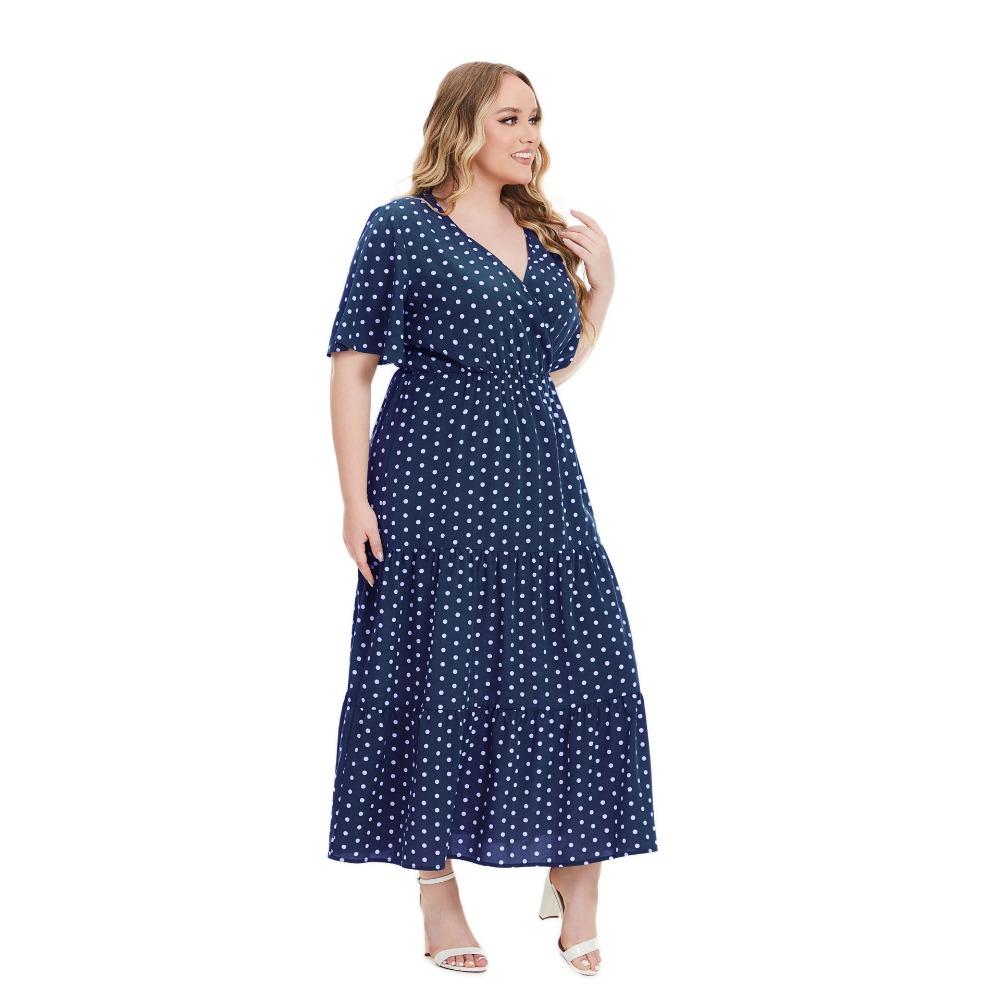 Sommerliches Polka Dot-Kleid in Übergröße mit V-Ausschnitt und kurzen Ärmeln im europäischen und amerikanischen Stil