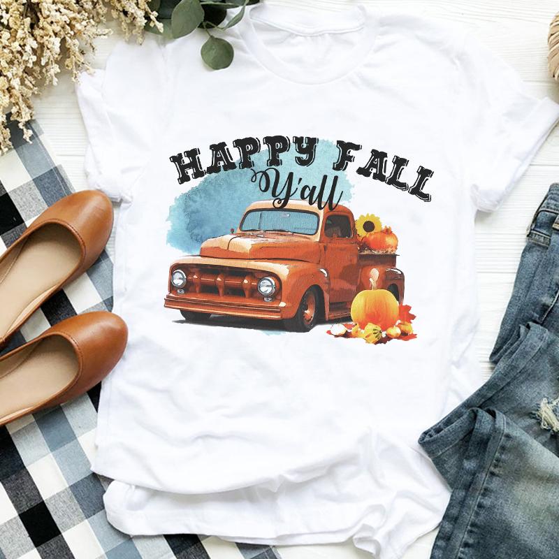 Women Lady Floral Truck Pumpkin Halloween Thanksgiving Print Womens Clothes Shirt T Tee For Tshirt Female