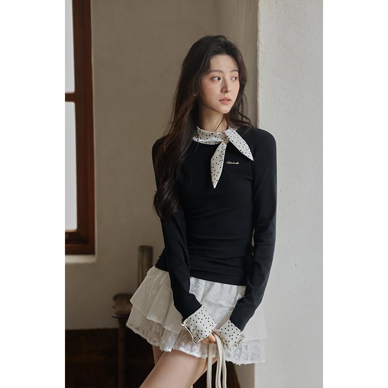 

Xi Meng 2025 Korean-Style Black Polka Dot Patchwork T-Shirt for a Youthful Autumn Look Large
