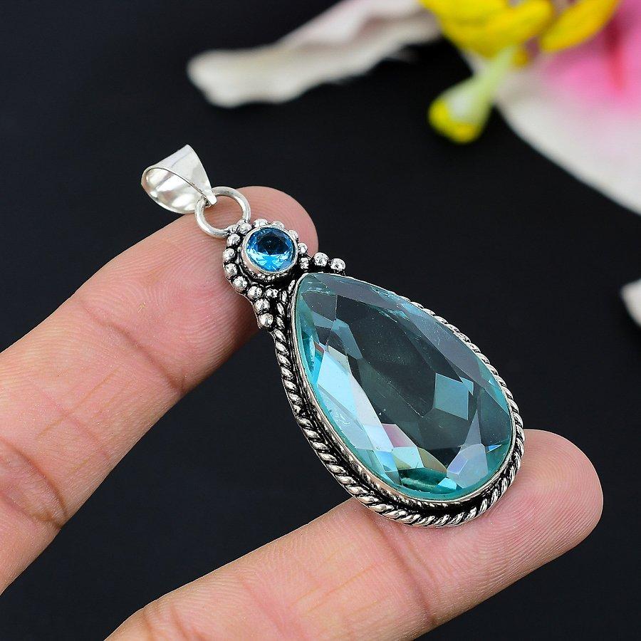 

Aqua Apatite, Blue Topaz Gemstone 925 Sterling Silver Jewelry Pendant 1.58 KG-114