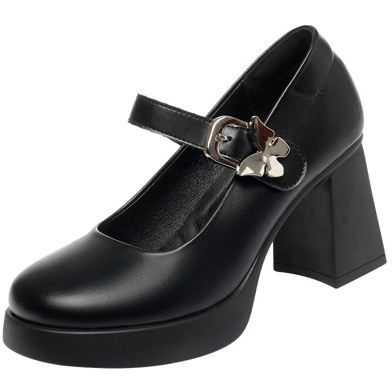 8cm Fashion Block High Heels Shoes Women Mary Janes Spring 2025 Shallow Ankle Buckle Platform Pumps for Dance Office Model Mom