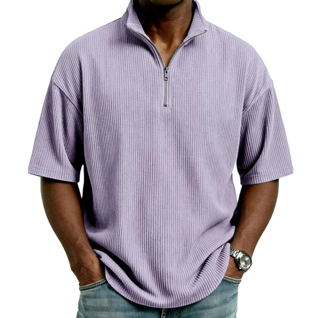 Men's Half,zip T,shirt, Corduroy Short,sleeved Shirt, Summer Loose Casual Color Top