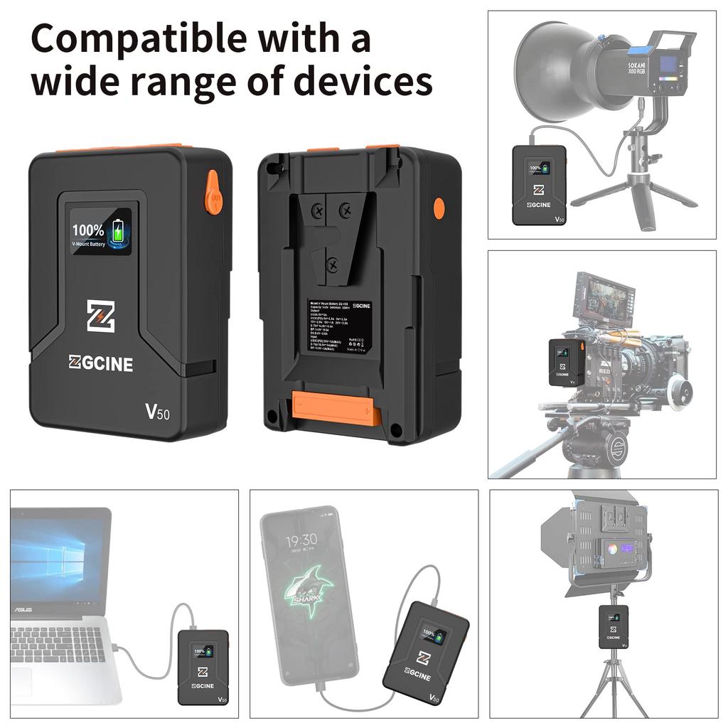 ZGCINE USB 50 Wh Camera PD 65W Charger with BP for Broadcast LED BMPCC 4K and ZCAM V-Mount Type-C Charger, Carry-On Compatible, (3400mAh / 14.8V),