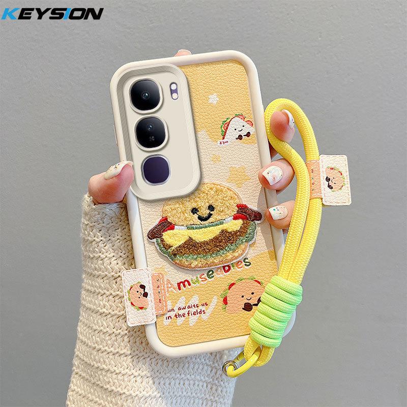 KEYSION Cartoon Cute Plush Embroidery Case for VIVO V40 Lite with Lanyard PU Leather Shockproof Phone Cover for VIVO Y200 5G Y19S