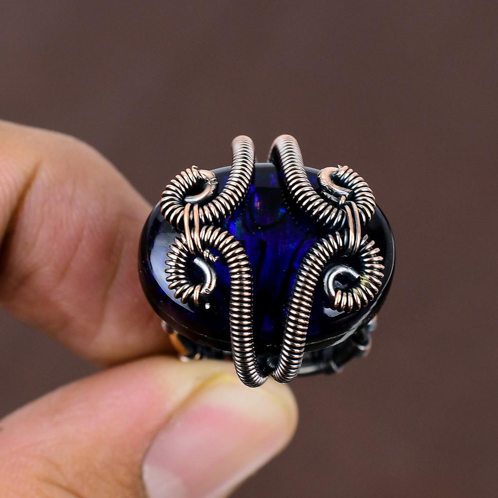Natural Abalone Shell Triplet Opal Gemstone Copper Wire Wrap Ring Size 5 J0s70