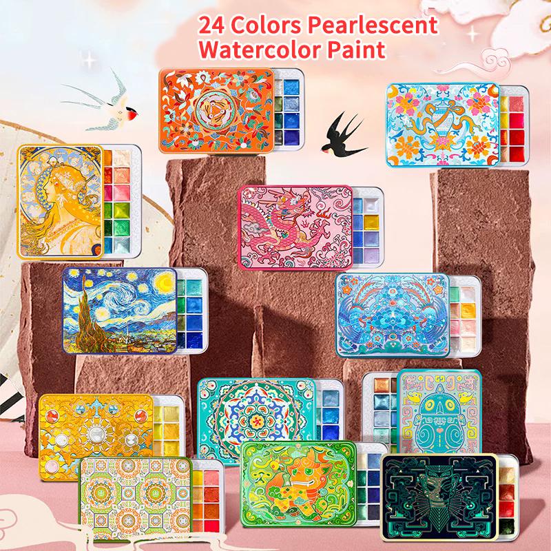 24 Farben Glitzer-Aquarellfarben-Set Metallisch Perlmuttfarben Festpigmente für Aquarellmalerei Acuarela Künstler Schulbedarf