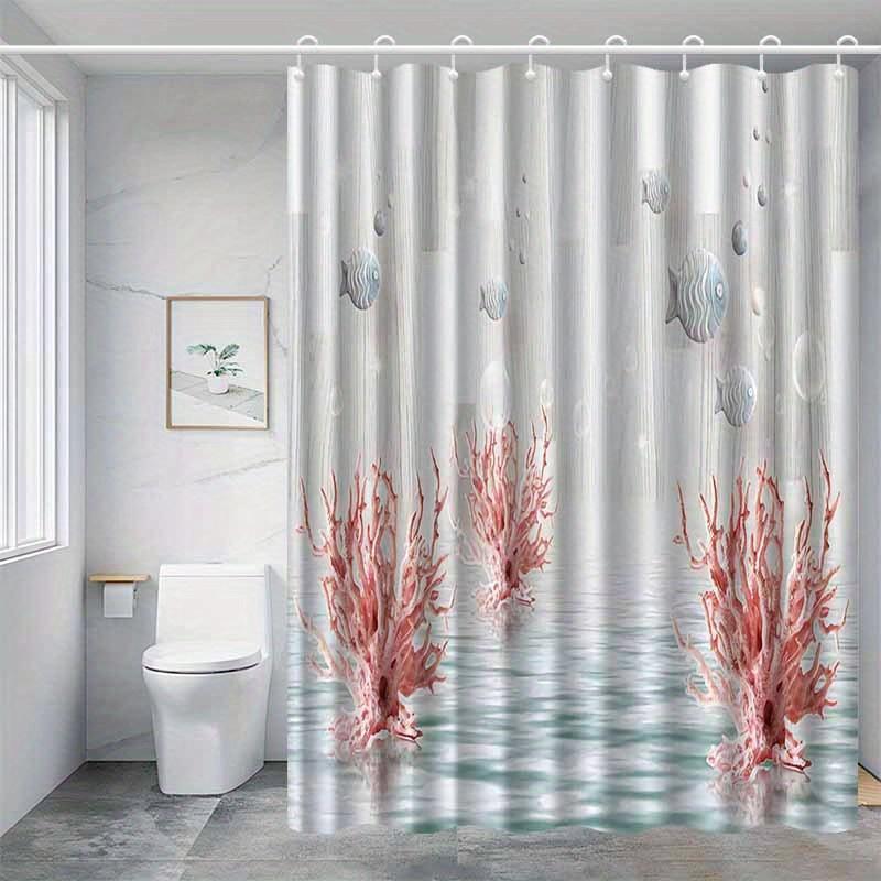 Minimalist Artistic Coral Fish Shower Curtain, Vibrant Red Coral & Fish on White, Durable Polyester, Elegant Bath Decor