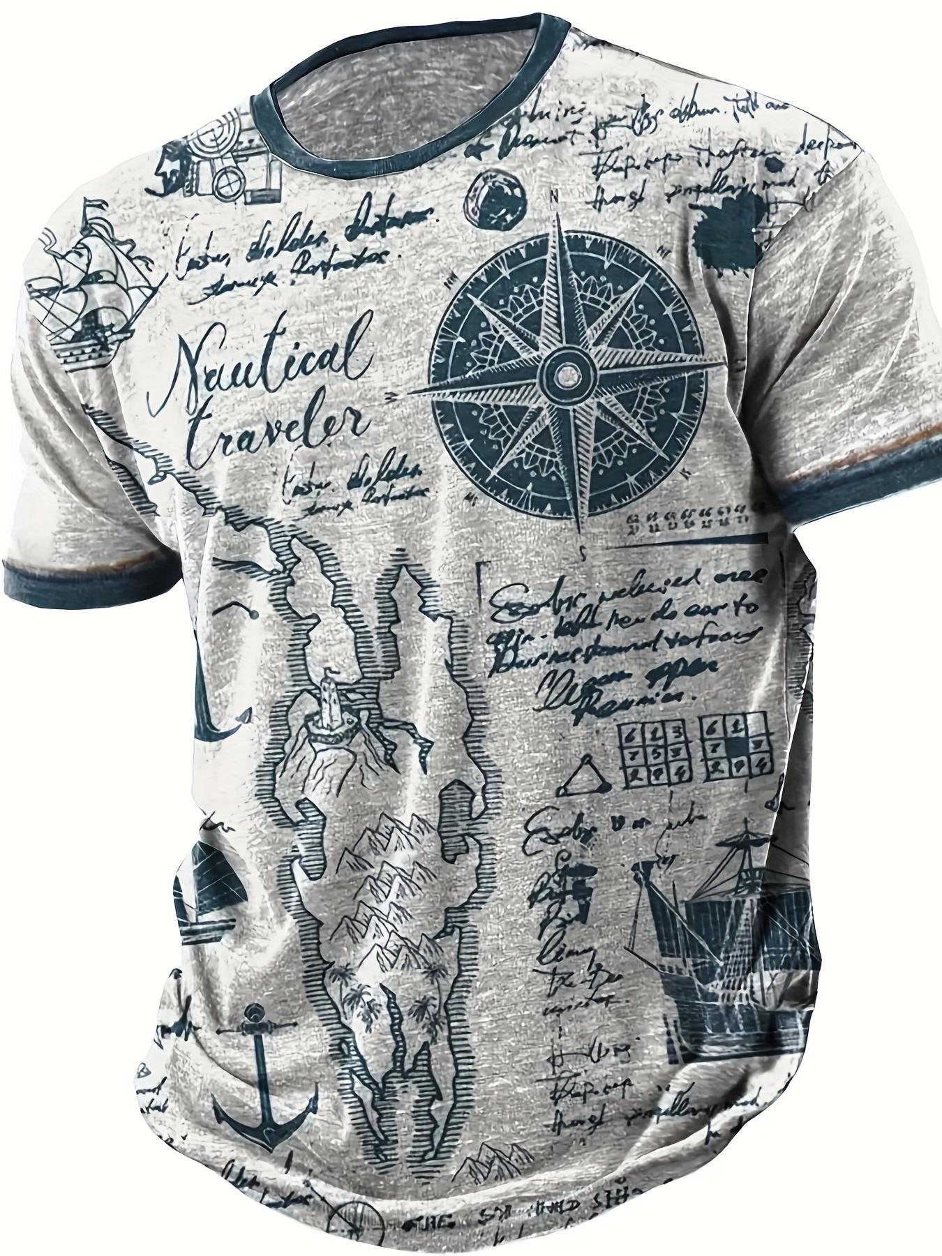 Men S Vintage T Shirt Nautical Map Compass Print T-Shirt S