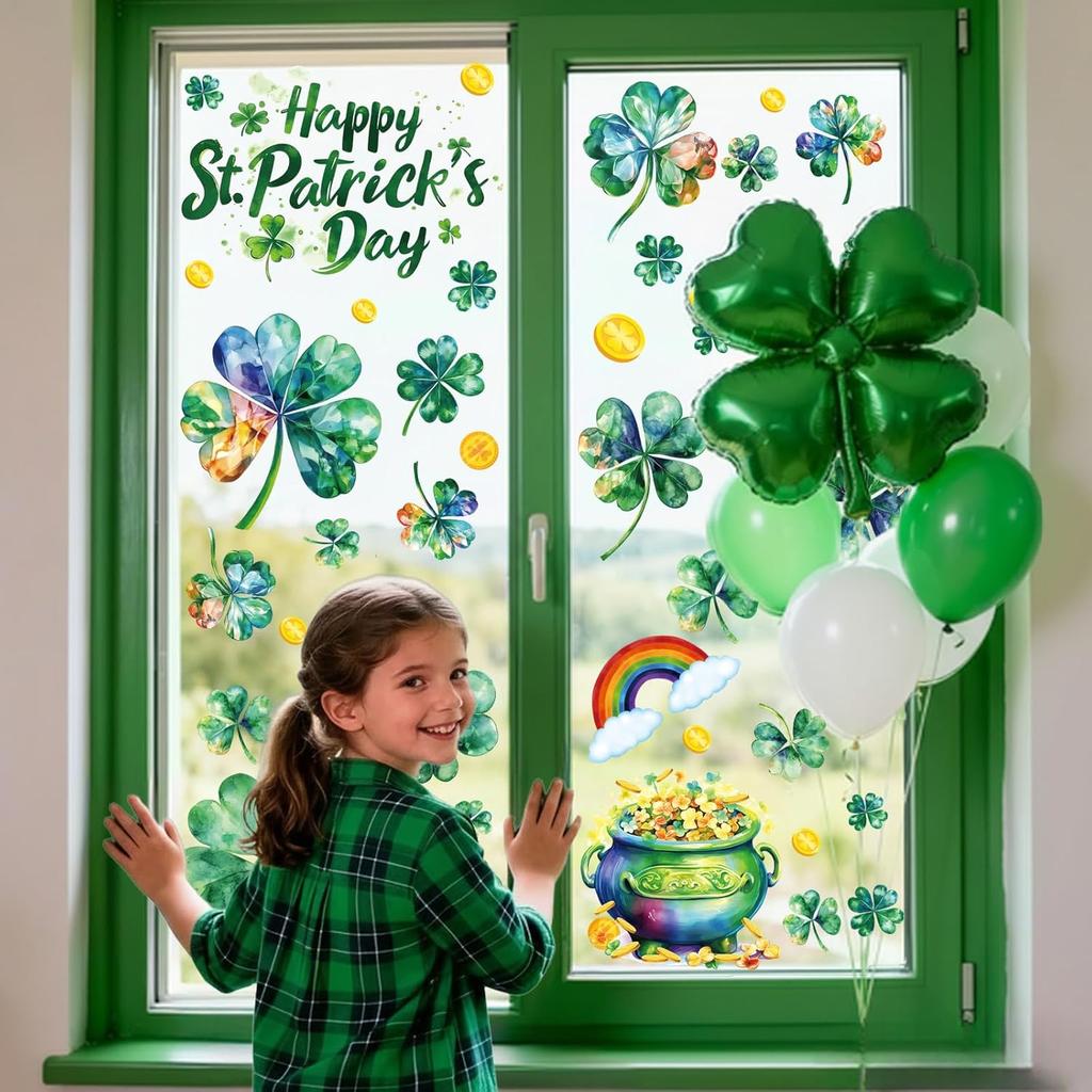 St Patricks Day Window Clings for Glass Windows, Saint Patrick's Day Shamrock Decor, Spring Window Sticker Decal for Gifting and Holidays, 8 Sheets