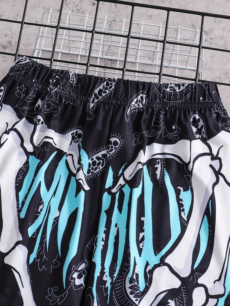 Single-piece Boys' Street Style Hip-hop Skull Hand Letter Paisley Pattern Shorts, Spring/summer Style.