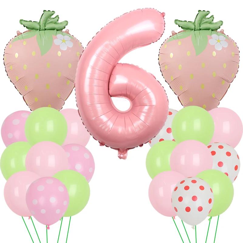 Fruit Strawberry Flower Foil Balloons with 40inch Pink Number Balloon Berry First Birthday Girl Sweet Summer Party Supplies