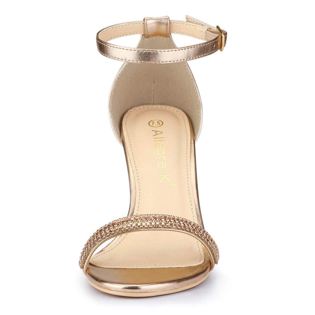 Allegra K Women's Rose Gold Strappy High Heel Sandals with Rhinestones and Shiny Ankle Straps, Size 24.5